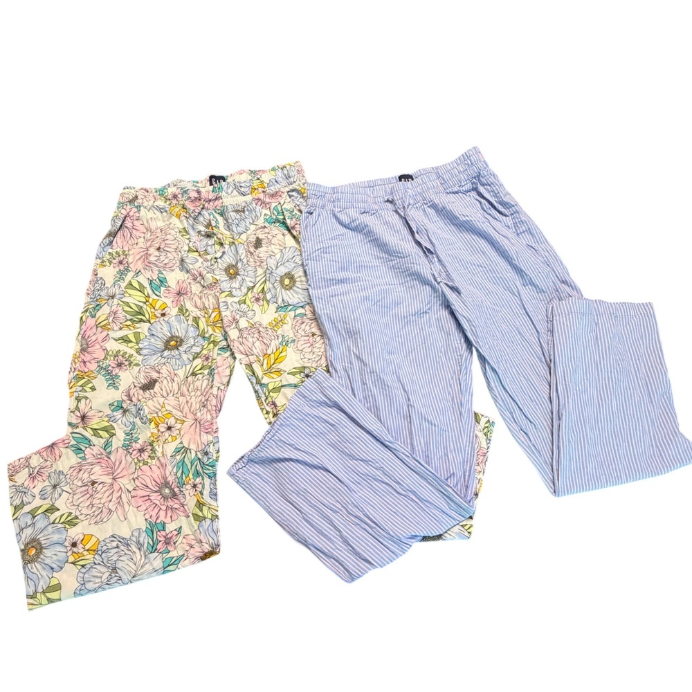 Gap Womens M Pajama Pants Bundle 100% Cotton Floral Pinstripe 2 Pack